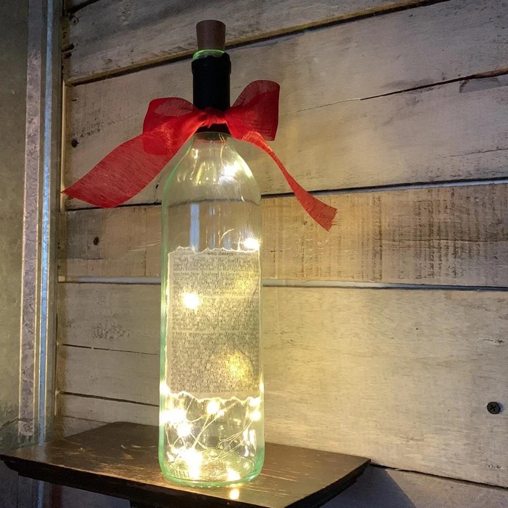 Hand Crafted, upcycled decoupage Wine Bottle lantern on wild grapes